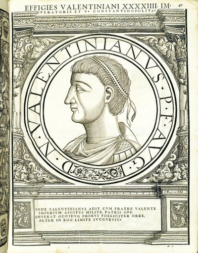 Valentinianus, illustratie uit Imperatorum romanorum omnium orientalium et occidentalium verissimae imagines ex antiquis numismatis, houtsnede door Rudolph Wyssenbach, gedrukt door Andreas Gesner, Zürich door Hans Rudolf Manuel Deutsch